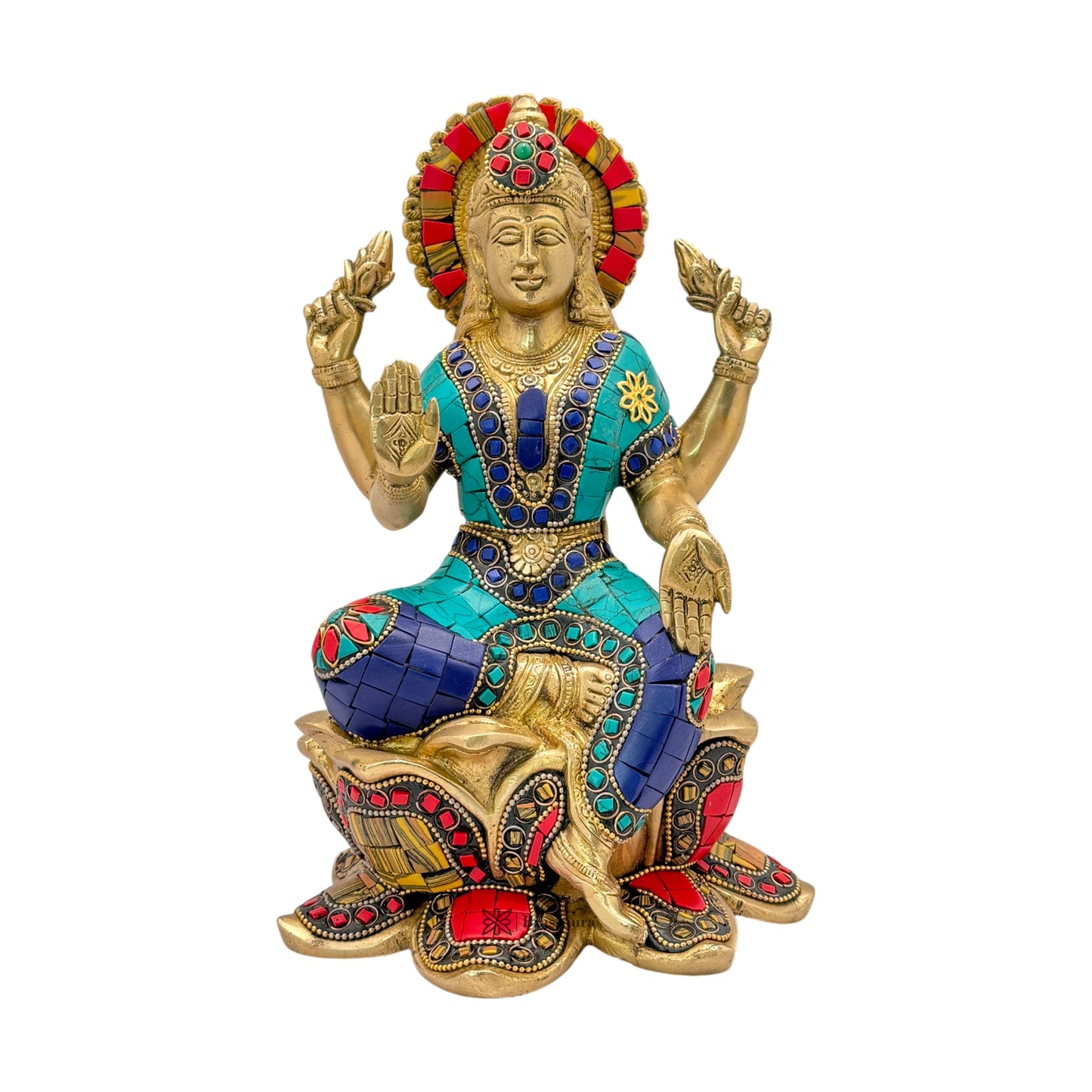 Brassaura™ Devotional Brass Gem Stone Work Laxmi Idol – Height 5.2 Inches & Weight 3.6 Kgs | Spiritual Home Idol