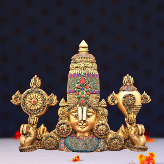 Brassaura® Wall Hanging Tirupati Balaji with Stone Work in Pure Brass | Height 16 Inches