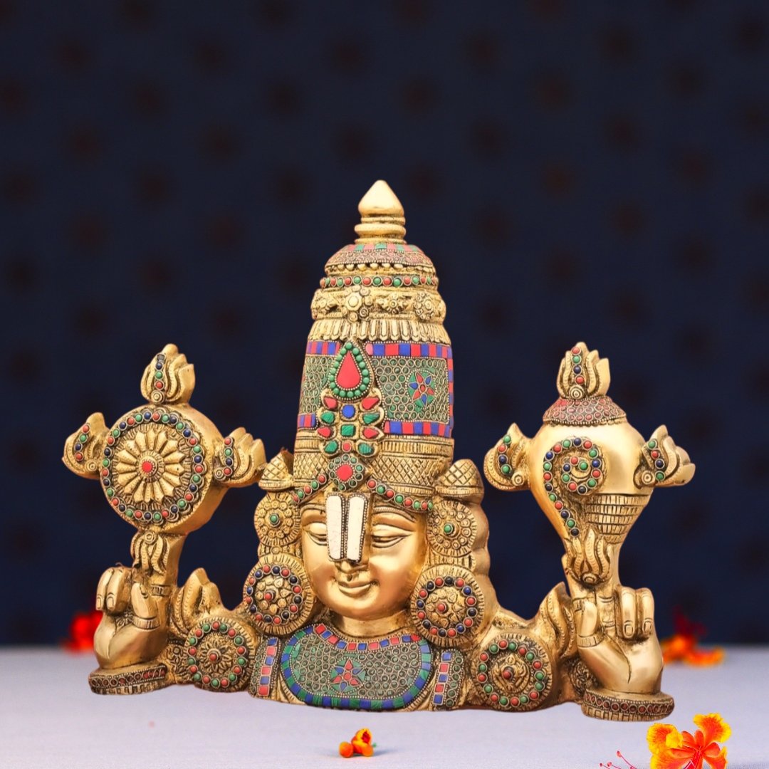 Brassaura® Wall Hanging Tirupati Balaji with Stone Work in Pure Brass | Height 16 Inches