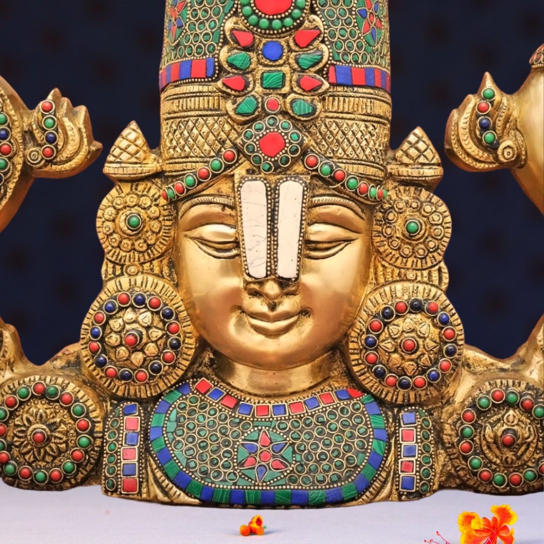 Brassaura® Wall Hanging Tirupati Balaji with Stone Work in Pure Brass | Height 16 Inches
