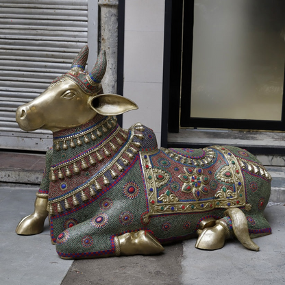 Handcrafted statue Brass Multistonework Nandi Idol Forn Home decor and Temple 36 inches