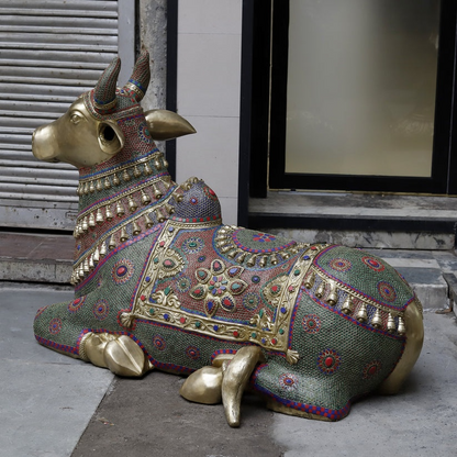 Handcrafted statue Brass Multistonework Nandi Idol Forn Home decor and Temple 36 inches