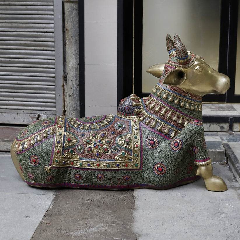Handcrafted statue Brass Multistonework Nandi Idol Forn Home decor and Temple 36 inches