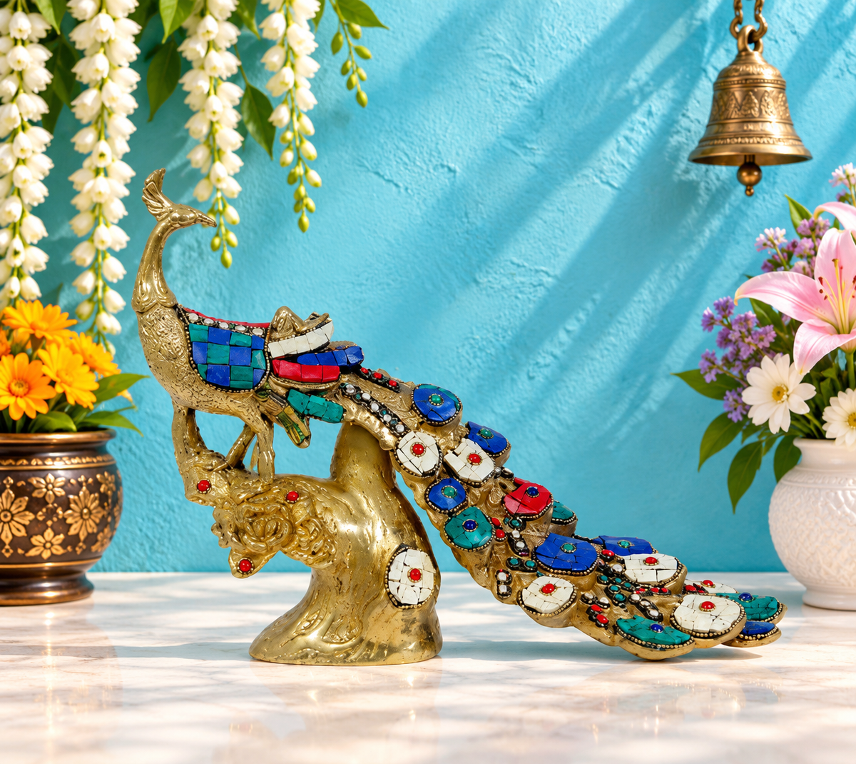 Brassaura® Brass Peacock Statue with Gem Stone Work | Handcrafted Decorative Showpiece | Height 11 Inches & Weight 3.8 Kgs
