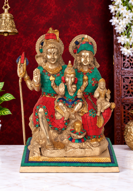 Brassaura® Shiva Parivar Brass Statue with Inlay Work | Pure Superfine Brass Handcrafted Murti | Brass Statue for Home Temple, Pooja Room | Height 12 Inches | Weight 7.31 Kgs