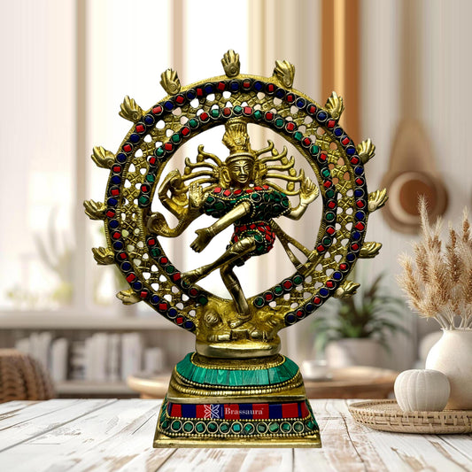 Brass Gem Stone Work Golden Finish Quality Dancing Natraj God Idols for Home and Decor Height 24 cm Weight 1.7 Kg