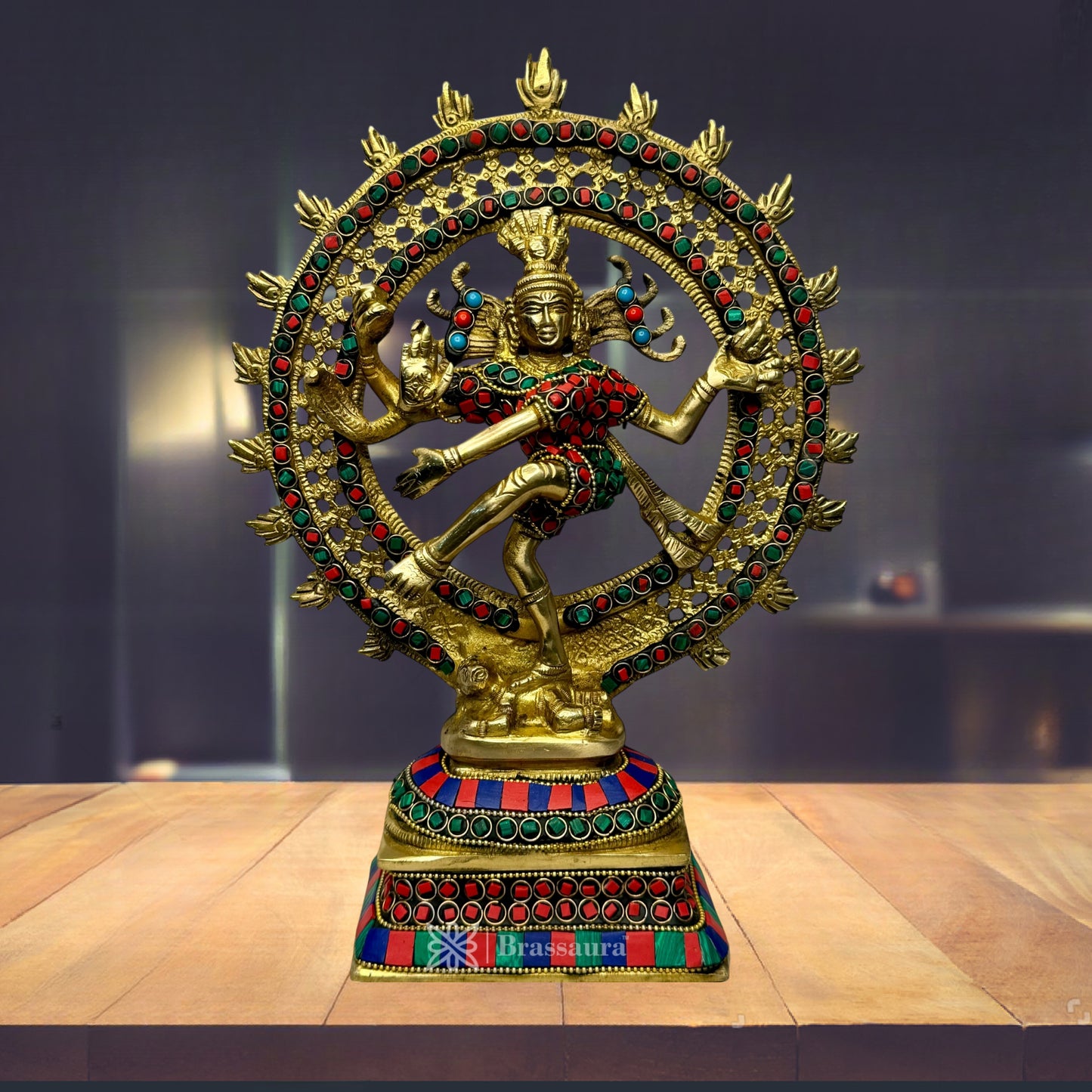 Brass Gem Stone Work Finish Quality Dancing Natraj God Idols for Home and Decor Height 33 cm Weight 2.9 Kg