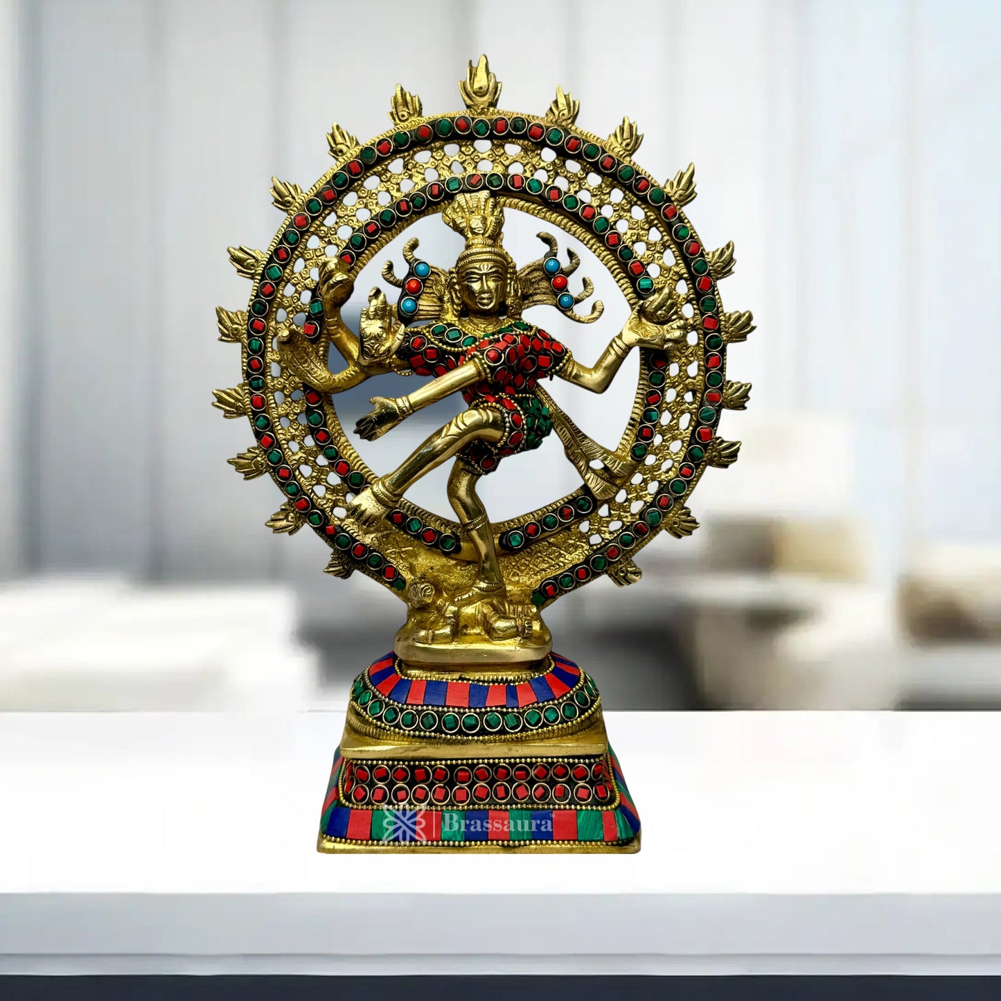 Brass Gem Stone Work Golden Finish Quality Dancing Natraj God Idols for Home and Decor Height 29 cm Weight 2.9 Kg