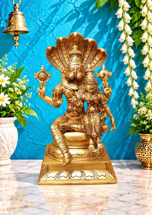 Brassaura® Narasimha Lakshmi Brass Murti | Golden Butter Brass Finish | Height 17 Inches