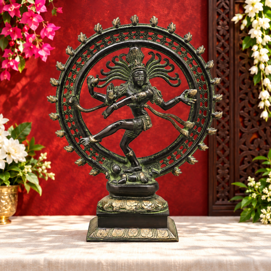 ब्रासोरा® वृंदावन वेणुगोपाल कृष्ण पीतल की प्रतिमा मोर के साथ | एंटीक नीला और सुनहरा रंग | ऊँचाई 20 इंच