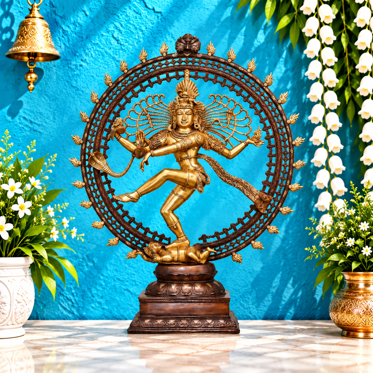 ब्रासोरा® वृंदावन वेणुगोपाल कृष्ण पीतल की प्रतिमा मोर के साथ | एंटीक नीला और सुनहरा रंग | ऊँचाई 20 इंच
