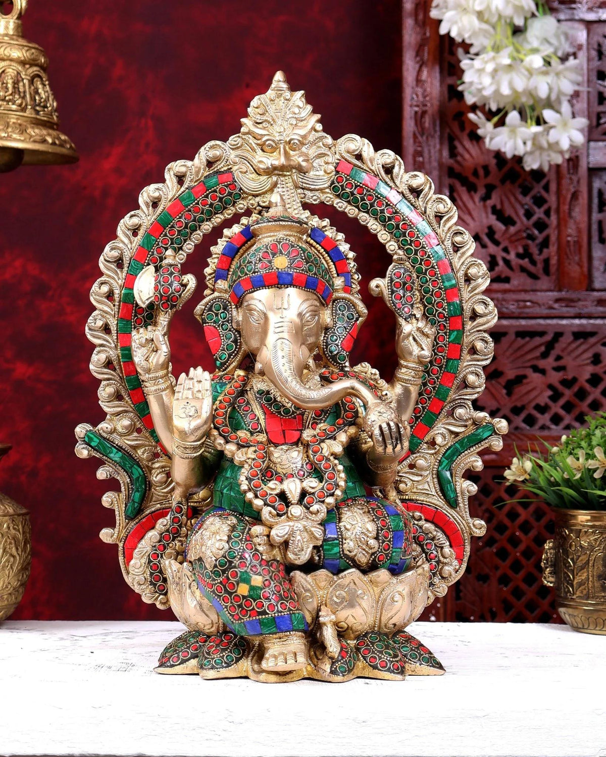 Brassaura® Ganesha Seated on Lotus with Prabhavali Arch and Multi-Color Meenakari Finish | Pure Superfine Brass Handcrafted Murti | Brass Statue for Home Temple, Pooja Room | Height 15.5 Inches | Weight 12 Kgs