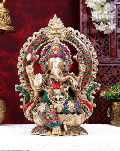 Brassaura® Ganesha Seated on Lotus with Prabhavali Arch and Multi-Color Meenakari Finish | Pure Superfine Brass Handcrafted Murti | Brass Statue for Home Temple, Pooja Room | Height 15.5 Inches | Weight 12 Kgs