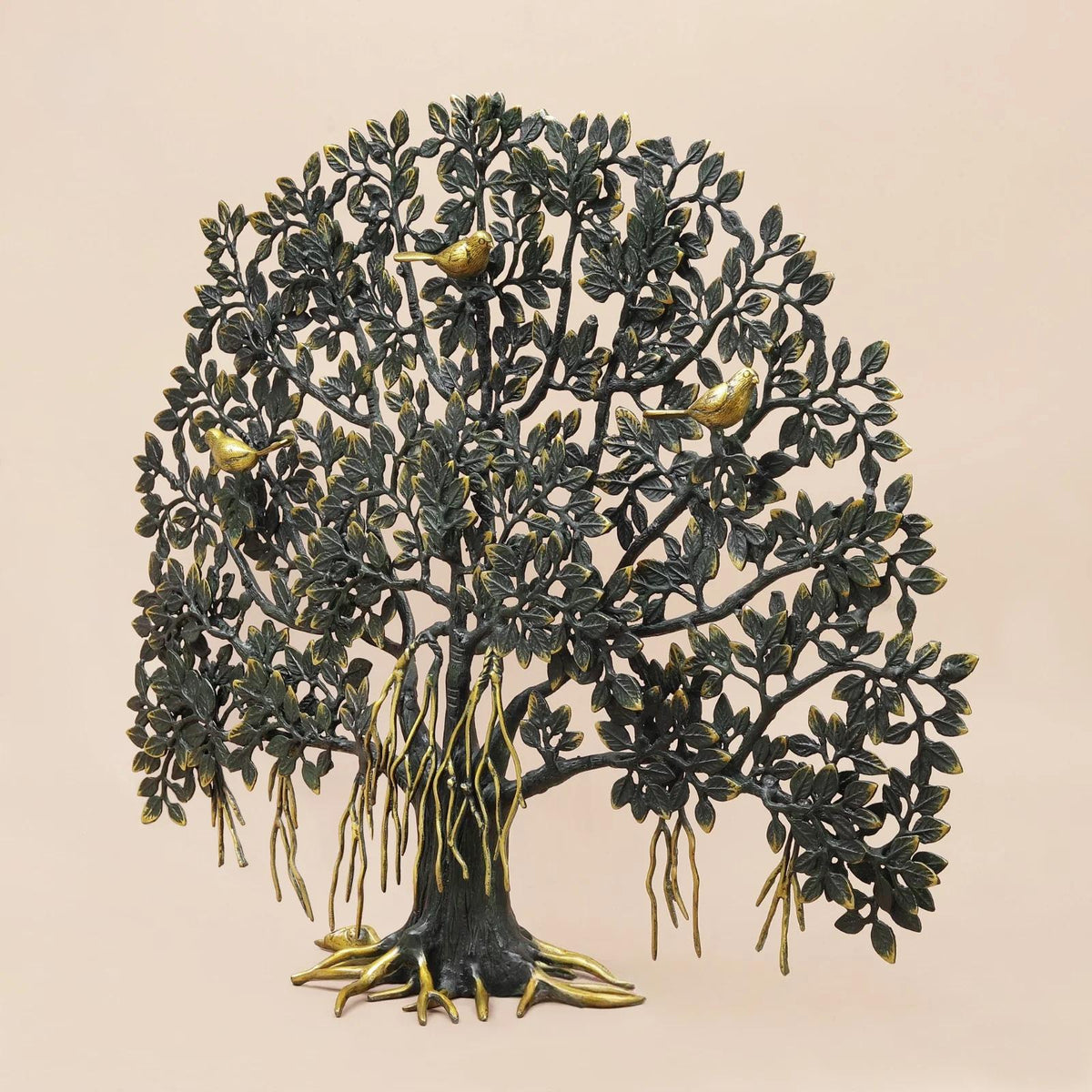 Brassaura® Tree of Life Sculpture with Golden Birds and Black & Golden Finish | Pure Superfine Brass Handcrafted Murti | Brass Statue for Home Temple, Pooja Room | Height 26.5 Inches | Weight 14.84 Kgs