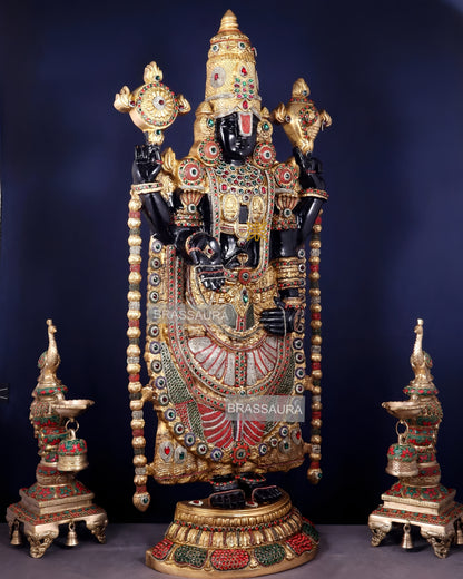Brassaura™ Brass Tirupati Balaji Idol with Diamond-Like Jewellery & Rose Gold Finish | Handcrafted Devotional Décor | Weight 49 Kgs | Height 48 Inches