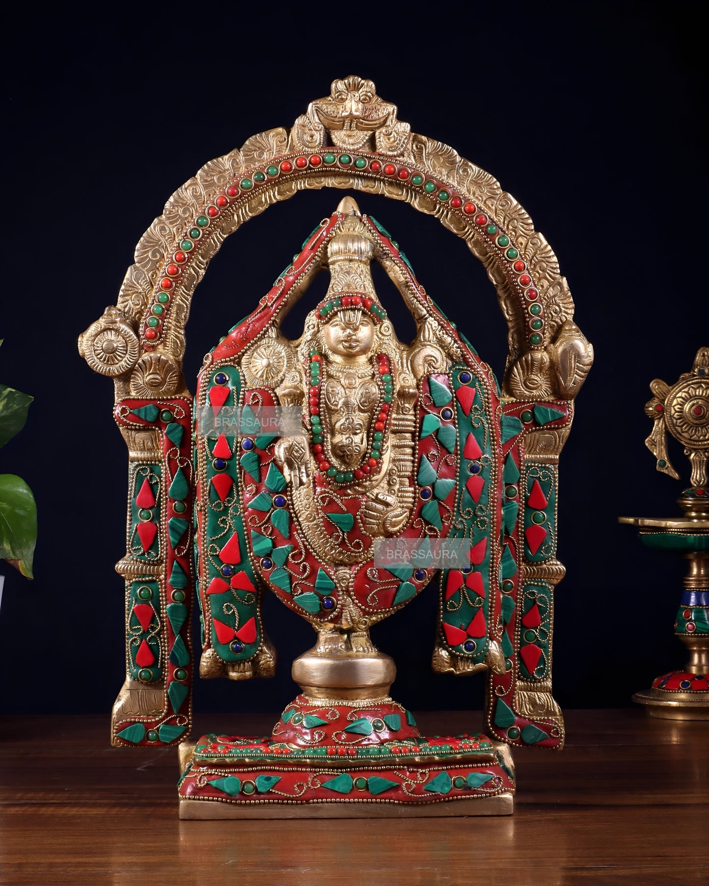 Brassaura™ Superfine Brass Tirupati Balaji Idol with Meenakari Stonework | Handcrafted Devotional Décor | Weight 4.5 Kgs | Height 13 Inches