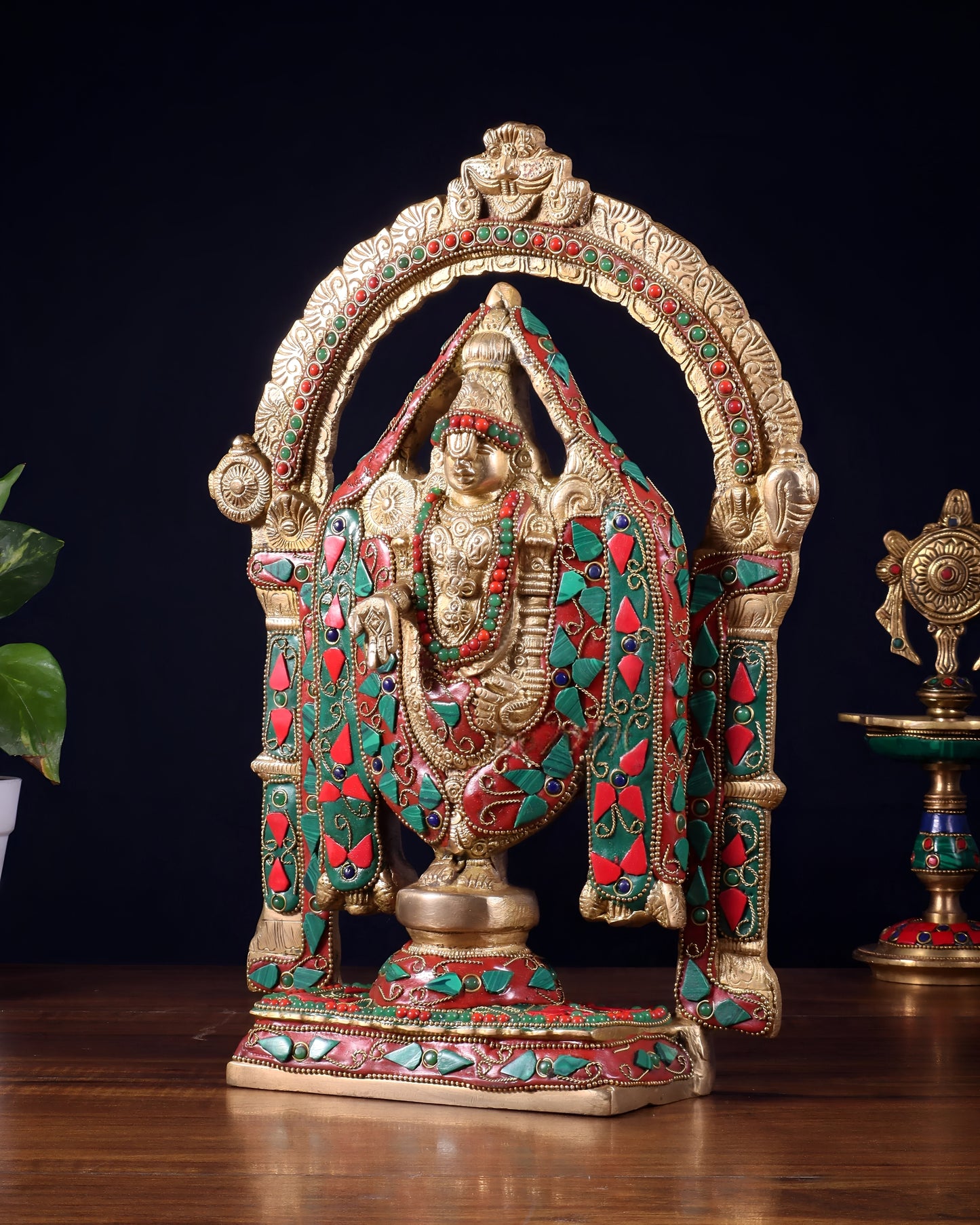 Brassaura™ Superfine Brass Tirupati Balaji Idol with Meenakari Stonework | Handcrafted Devotional Décor | Weight 4.5 Kgs | Height 13 Inches