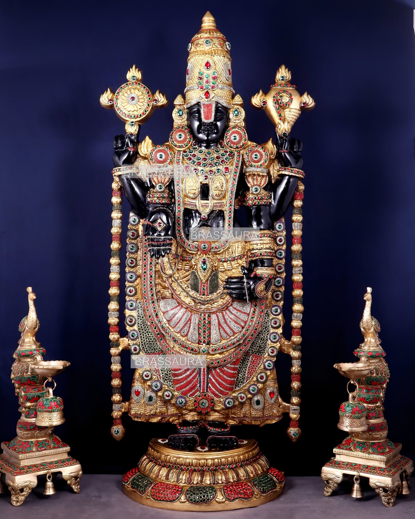 Brassaura™ Brass Tirupati Balaji Idol with Diamond-Like Jewellery & Rose Gold Finish | Handcrafted Devotional Décor | Weight 49 Kgs | Height 48 Inches