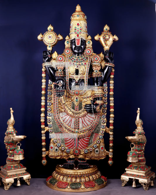 Brassaura™ Brass Tirupati Balaji Idol with Diamond-Like Jewellery & Rose Gold Finish | Handcrafted Devotional Décor | Weight 49 Kgs | Height 48 Inches