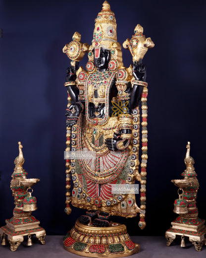 Brassaura™ Brass Tirupati Balaji Idol with Diamond-Like Jewellery & Rose Gold Finish | Handcrafted Devotional Décor | Weight 49 Kgs | Height 48 Inches