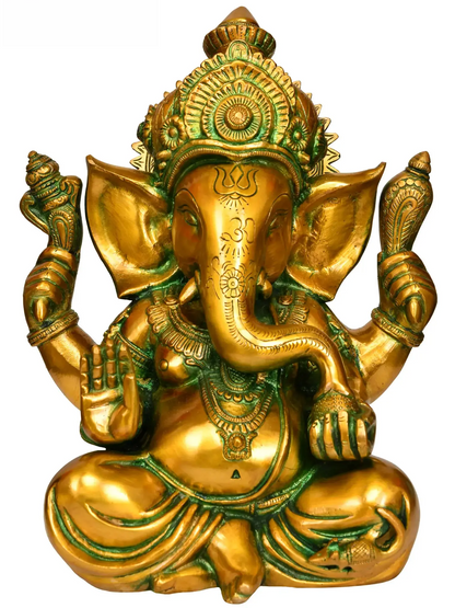 Brassaura™ Brass Lord Chaturbhuja Ganesha Idol | Height 12.6 Inches & Weight 9.11 kgs
