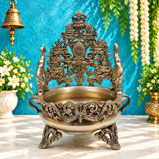 Brassaura® Ornate Brass Urli Bowl with Decorative Backrest with Antique Finish | Pure Superfine Brass Handcrafted Murti | Brass Statue for Home Temple, Pooja Room | Height 12 Inches | Weight 3.3 Kgs