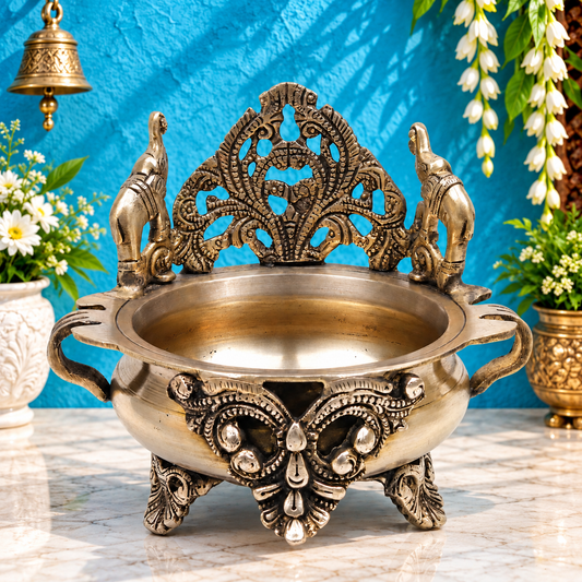 Brassaura® Elephant Urli with Decorative Elephant Backrest and Antique Finish | Pure Superfine Brass Handcrafted Murti | Brass Statue for Home Temple, Pooja Room | Height 7 Inches | Weight 1.64 Kgs