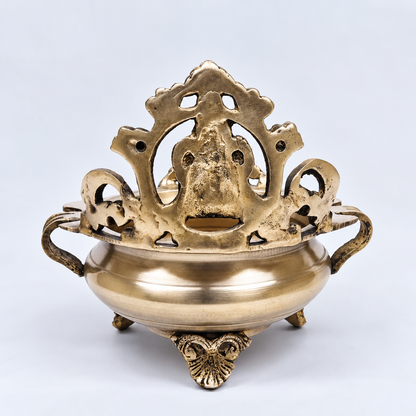 Brassaura® Ganesha Urli with Decorative Backrest and Antique Finish | Pure Superfine Brass Handcrafted Murti | Brass Statue for Home Temple, Pooja Room | Height 7.5 Inches | Weight 1.52 Kgs