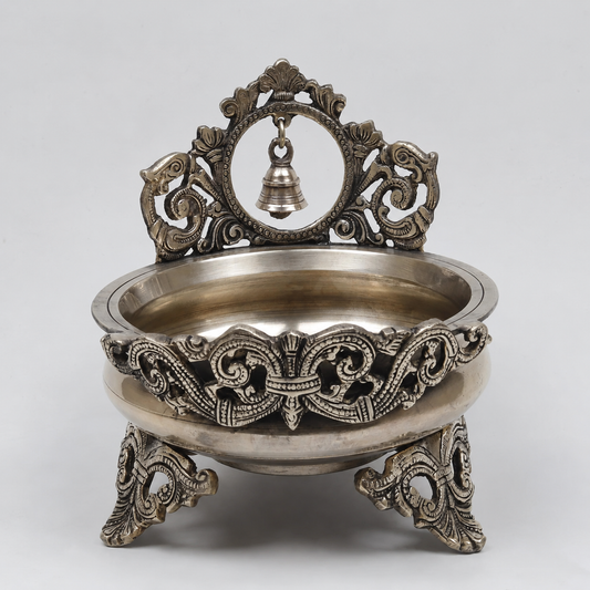 Brassaura® Ornate Brass Urli with Hanging Bell and Decorative Backrest with Antique Finish | Pure Superfine Brass Handcrafted Murti | Brass Statue for Home Temple, Pooja Room | Height 8.5 Inches | Weight 2.36 Kgs