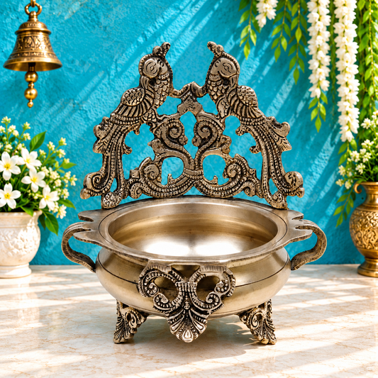 Brassaura® Peacock Urli with Decorative Peacock Backrest with Silver Finish | Pure Superfine Brass Handcrafted Murti | Brass Statue for Home Temple, Pooja Room | Height 8.5 Inches | Weight 1.58 Kgs
