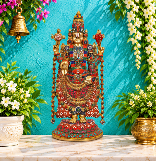Brassaura® Brass Tirupati Balaji Idol with Stonework for Home Temple | Height 38.5 Inches | Weight: 36 Kgs
