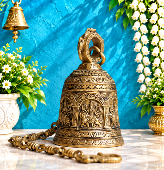 Brassaura® Brass Durga Temple Bell with Chain | Handcrafted Sacred Hanging Ghanti | Height 9.5 Inches & Weight 4.1 Kgs