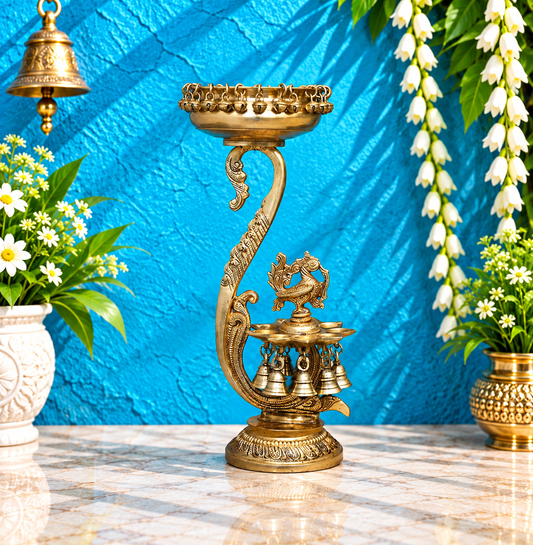 Brassaura® Brass Urli with Peacock Diyas | Traditional Decorative Oil Lamp Bowl | Height 14.9 Inches & Weight 3.47 Kgs