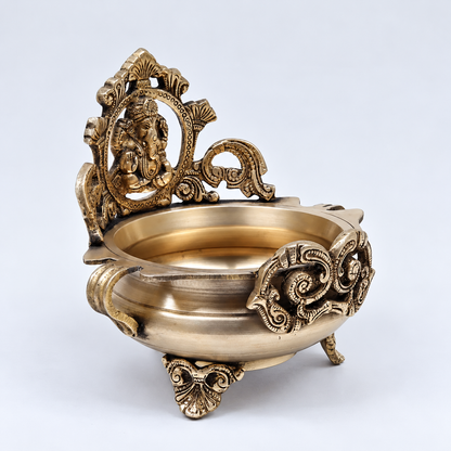Brassaura® Ganesha Urli with Decorative Backrest and Antique Finish | Pure Superfine Brass Handcrafted Murti | Brass Statue for Home Temple, Pooja Room | Height 7.5 Inches | Weight 1.52 Kgs