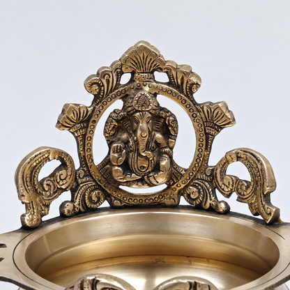 Brassaura® Ganesha Urli with Decorative Backrest and Antique Finish | Pure Superfine Brass Handcrafted Murti | Brass Statue for Home Temple, Pooja Room | Height 7.5 Inches | Weight 1.52 Kgs
