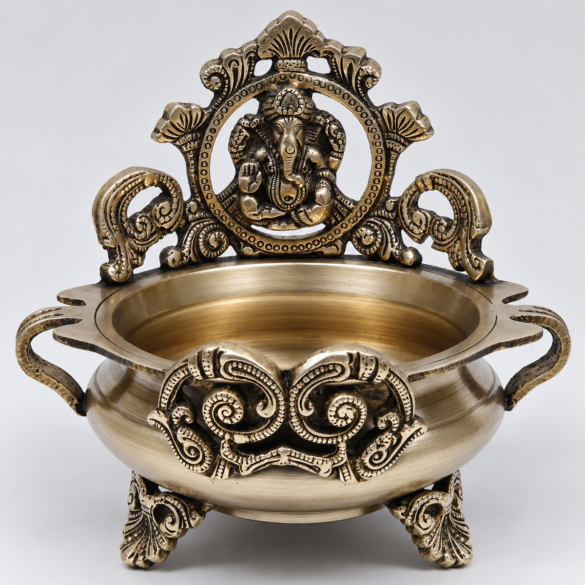 Brassaura® Ganesha Urli with Decorative Backrest and Antique Finish | Pure Superfine Brass Handcrafted Murti | Brass Statue for Home Temple, Pooja Room | Height 7.5 Inches | Weight 1.52 Kgs