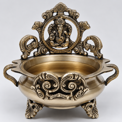 Brassaura® Ganesha Urli with Decorative Backrest and Antique Finish | Pure Superfine Brass Handcrafted Murti | Brass Statue for Home Temple, Pooja Room | Height 7.5 Inches | Weight 1.52 Kgs