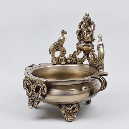 Brassaura® Ganesha Urli with Elephant Backrest and Antique Finish | Pure Superfine Brass Handcrafted Murti | Brass Statue for Home Temple, Pooja Room | Height 7.5 Inches | Weight 1.66 Kgs