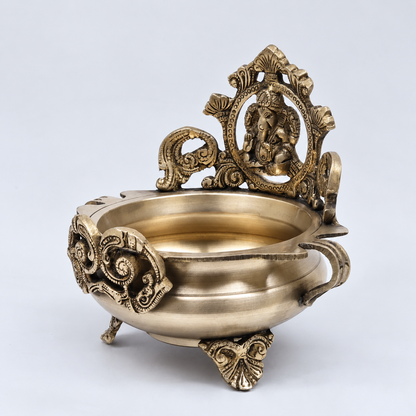 Brassaura® Ganesha Urli with Decorative Backrest and Antique Finish | Pure Superfine Brass Handcrafted Murti | Brass Statue for Home Temple, Pooja Room | Height 7.5 Inches | Weight 1.52 Kgs