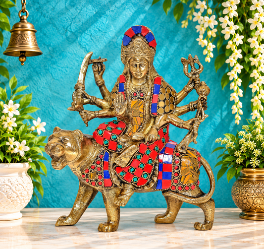 Brassaura® Brass Durga Maa Statue | Height 8 Inches | Sherawali Mata Rani Idol with Lion for Home & Mandir | Weight: 2.23 kg