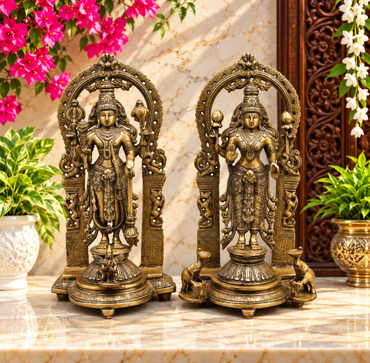 Brassaura® Brass Vishnu Lakshmi Idol | 16 Inch Lord Vishnu Lakshmi Statue | Handcrafted Brass Murti for Home & Temple