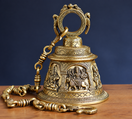 Brassaura® Brass Divine Temple Bell with Sacred Motifs | Handcrafted Hanging Ghanti with Chain | Height 8 Inches & Weight 3.6 Kgs