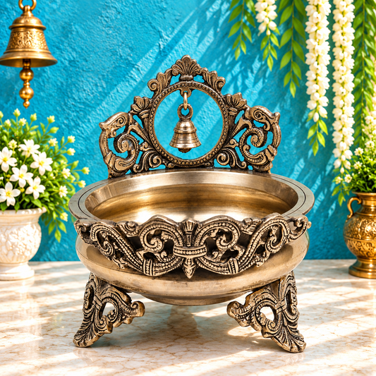 Brassaura® Ornate Brass Urli with Hanging Bell and Decorative Backrest with Antique Finish | Pure Superfine Brass Handcrafted Murti | Brass Statue for Home Temple, Pooja Room | Height 8.5 Inches | Weight 2.36 Kgs