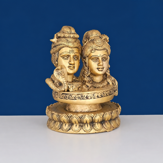 Brassaura® Shiv Parvati Bust on Lotus Brass Statue | Pure Brass | Height 6 Inches