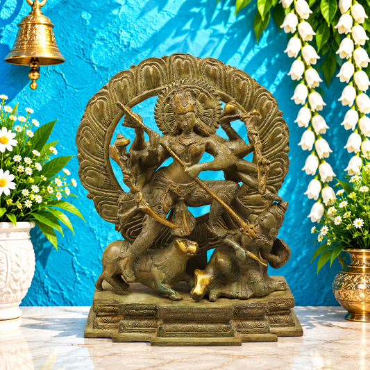 Brassaura® Goddess Durga Slaying Mahishasura Brass Statue | Mahishasura Mardini Form | Height 12.5 Inches & Weight 8.02 Kgs