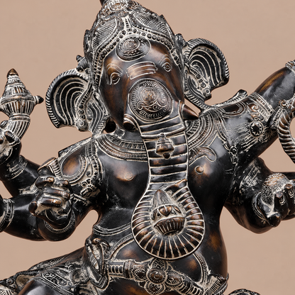 Brassaura® Dancing Ganesha Idol with Black & Silver Antique Finish | Pure Superfine Brass Handcrafted Murti | Brass Statue for Home Temple, Pooja Room | Height 30 Inches | Weight 34.24 Kgs