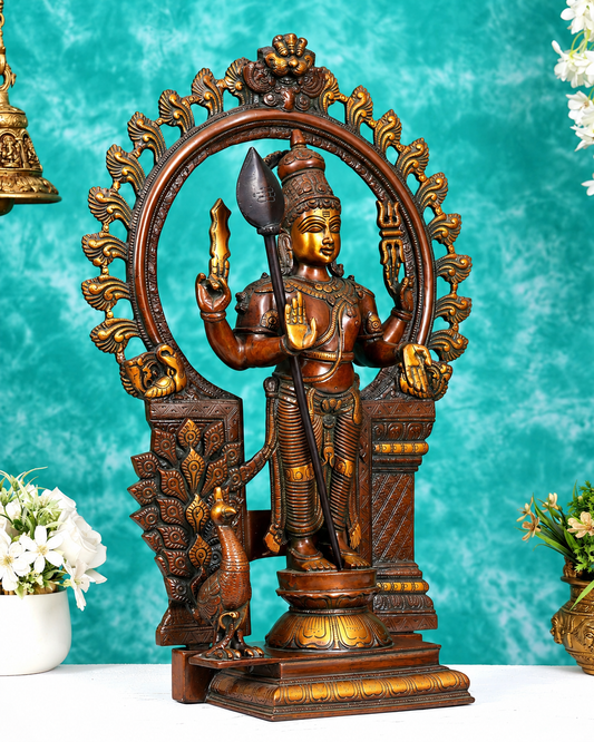 Brassaura® Murugan Standing Idol with Peacock and Prabhavali Arch with Antique Finish | Pure Superfine Brass Handcrafted Murti | Brass Statue for Home Temple, Pooja Room | Height 23 Inches | Weight 15 Kgs