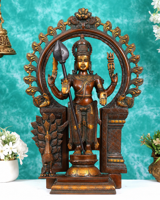Brassaura® Murugan Standing Idol with Peacock and Prabhavali Arch with Antique Finish | Pure Superfine Brass Handcrafted Murti | Brass Statue for Home Temple, Pooja Room | Height 23 Inches | Weight 15 Kgs