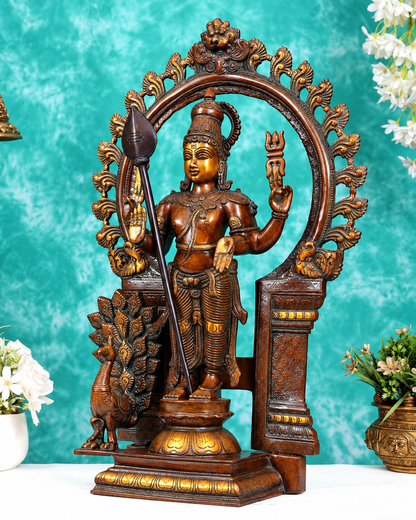 ब्रासोरा® वृंदावन वेणुगोपाल कृष्ण पीतल की प्रतिमा मोर के साथ | एंटीक नीला और सुनहरा रंग | ऊँचाई 20 इंच
