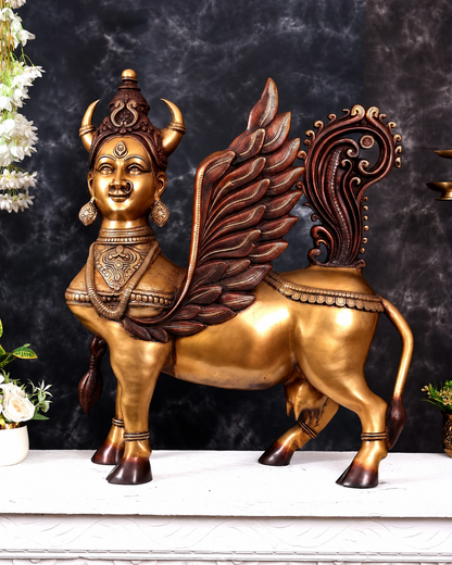 Brassaura® Standing Kamadhenu Cow Goddess Sculpture with Ornate Wings | Pure Superfine Brass Handcrafted Murti | Brass Statue for Home Temple, Pooja Room | Height 30 Inches | Weight 56 Kgs